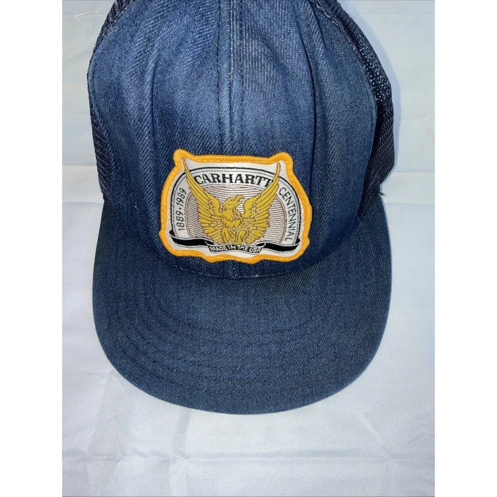 Vintage Carhartt Hat Blue Denim Centennial Patch SnapBack Cap USA 1989